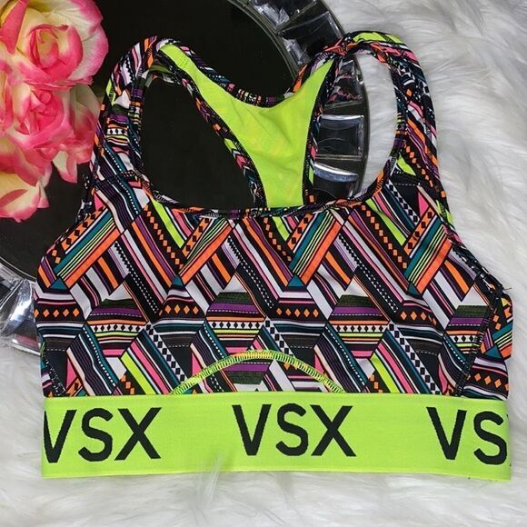 VSX Sports Bra Bright Neon Green Band W/ Geometric Print XS - Picture 2 of 7